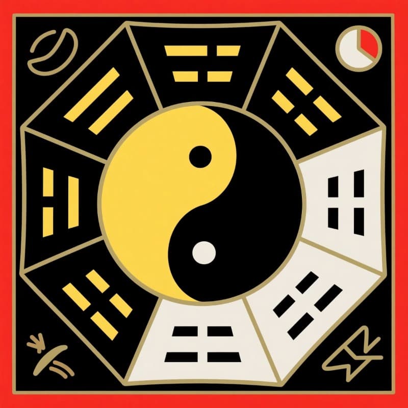 A diagram with the Yin-Yang symbol at the center and the Eight Trigrams (Bagua) surrounding it
