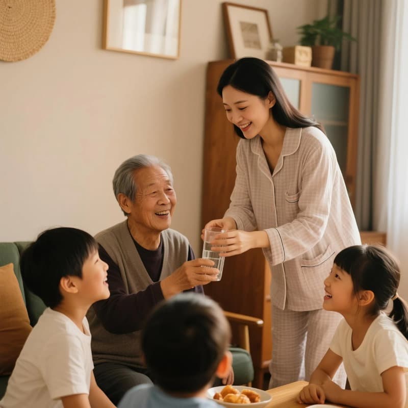 A wife is taking care of the elderly and children
