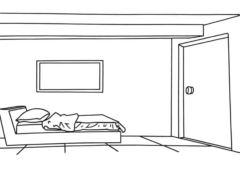 The bed faces the door directly.